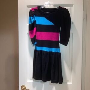 Junior dress with black, blue ands pink colorblock. Thank Heaven.